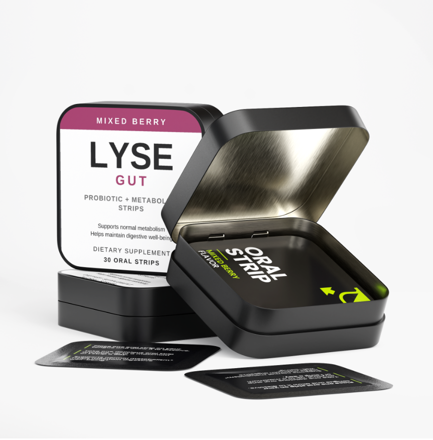 LYSE Gut tin shown open with individual oral strip packets - Mixed Berry - 30 strips
