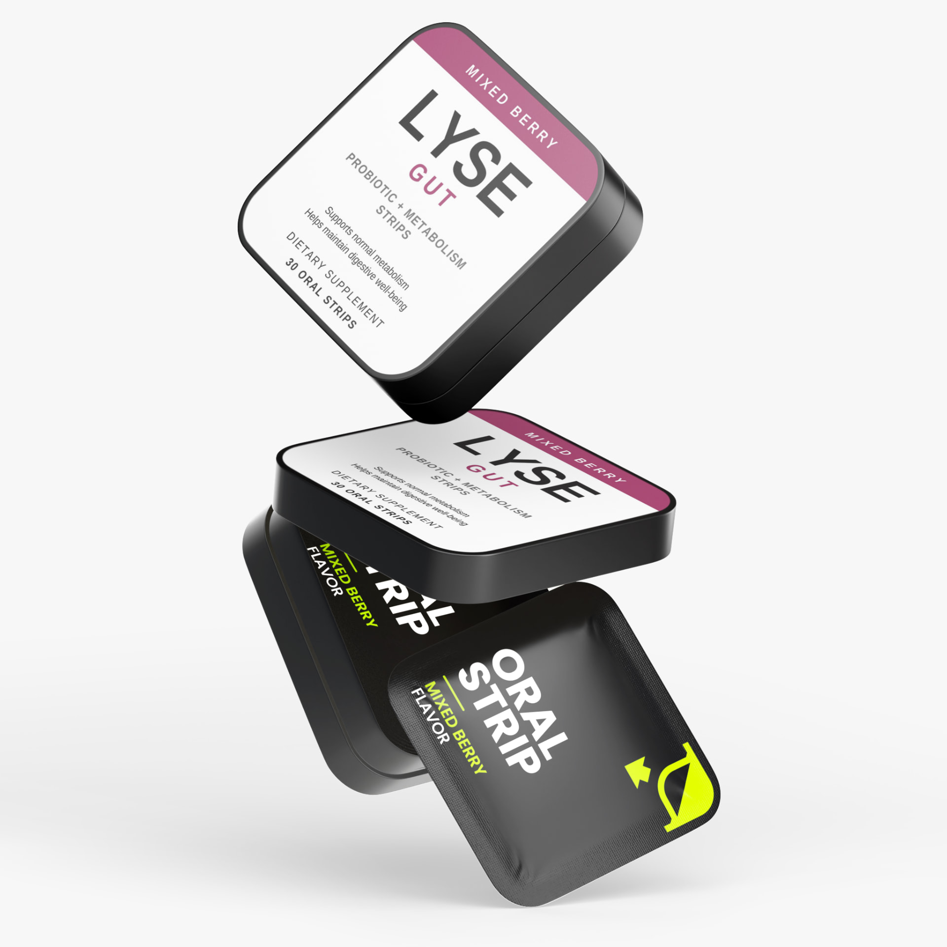LYSE Gut tin with the lid lifted and Mixed Berry oral strip packets alongside it