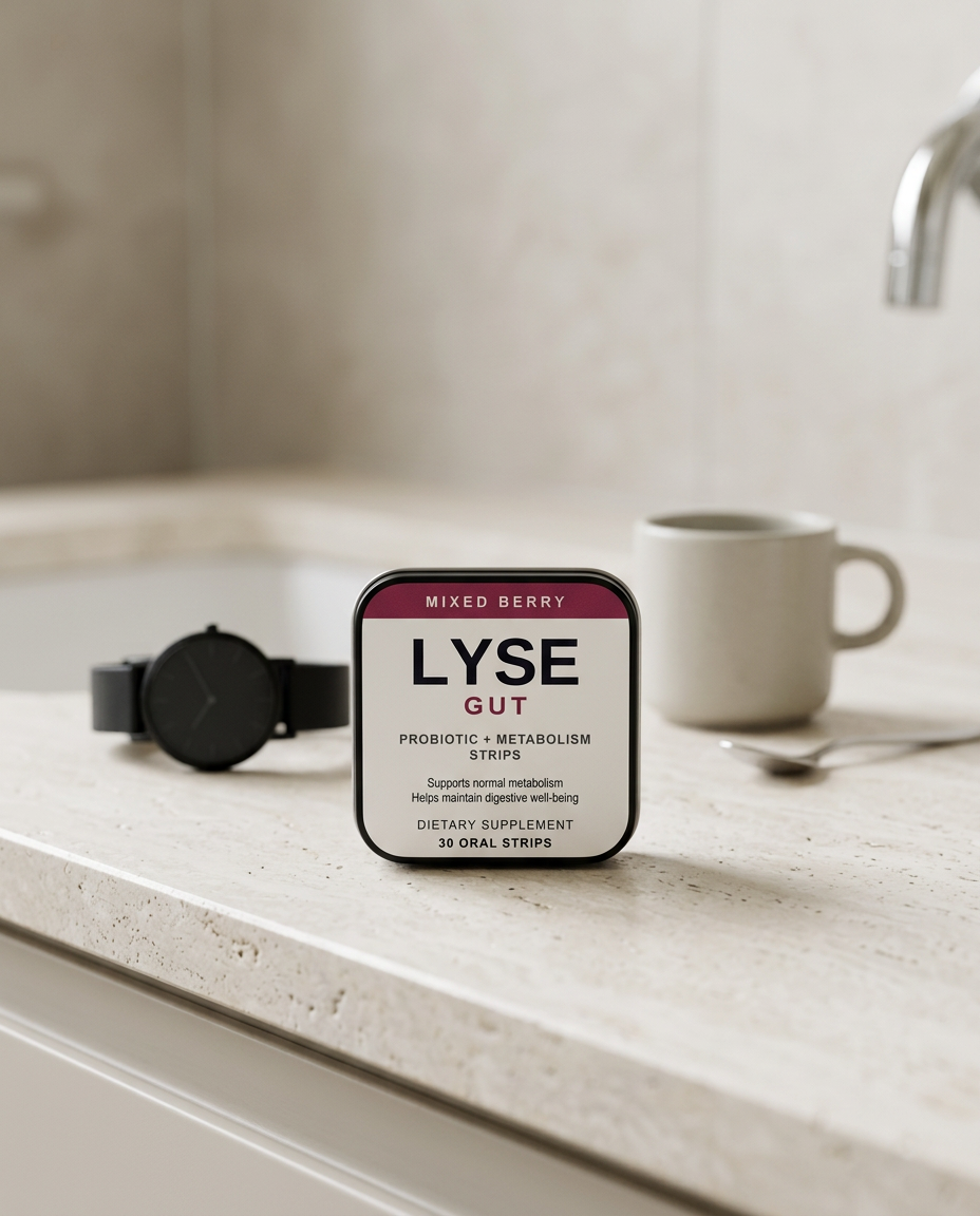 LYSE Gut probiotic oral strips in a morning routine on a stone vanity