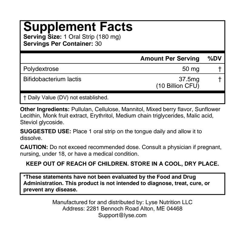 LYSE Gut supplement facts label showing Bifidobacterium lactis and polydextrose amounts